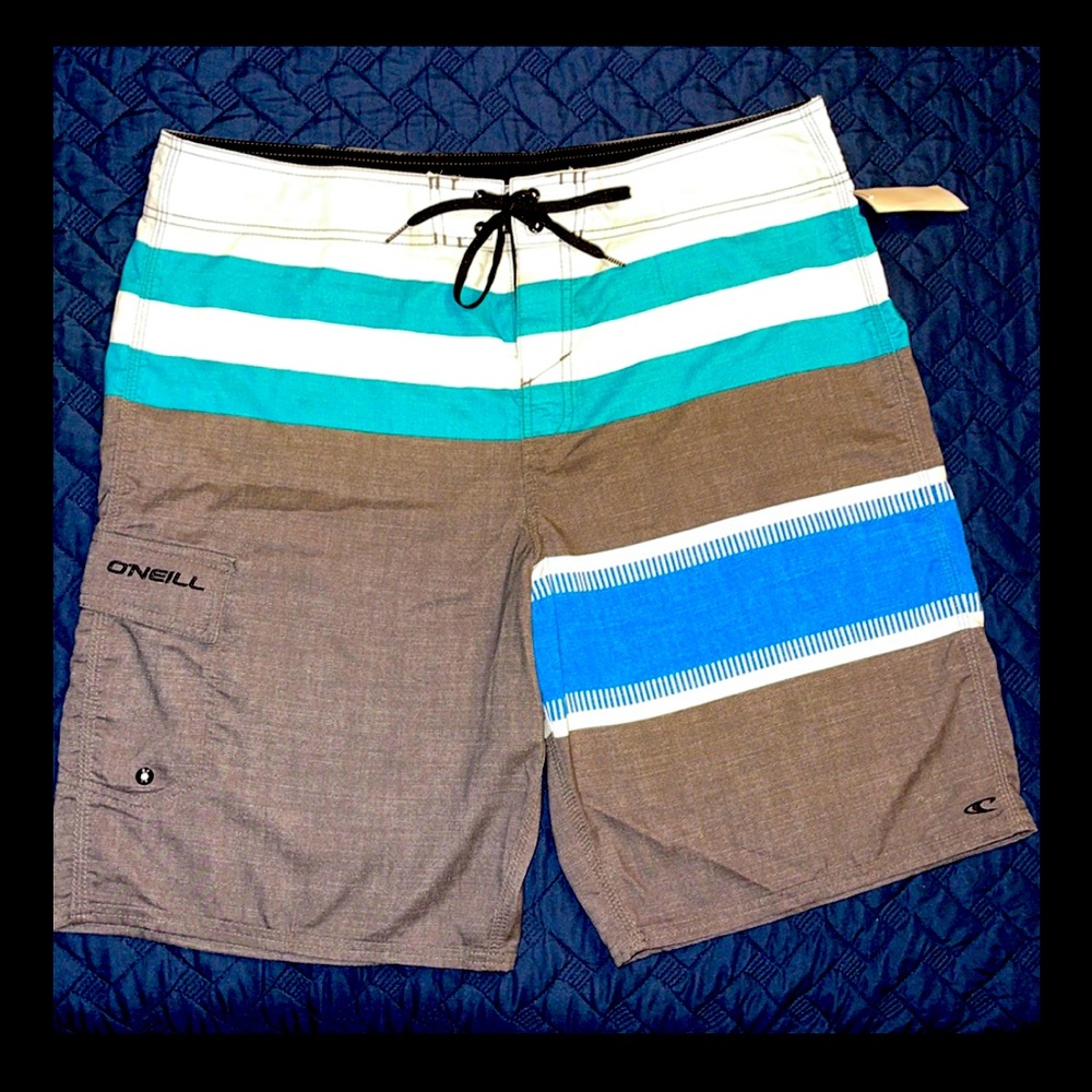 O'Neill Men’s Board Swim Shorts with Pocket; Gray, Blue, Teal & White; Size 38